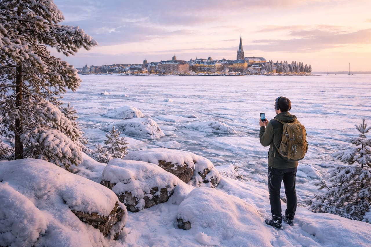 Mare ghiacciato di Luleå e un turista con GPS