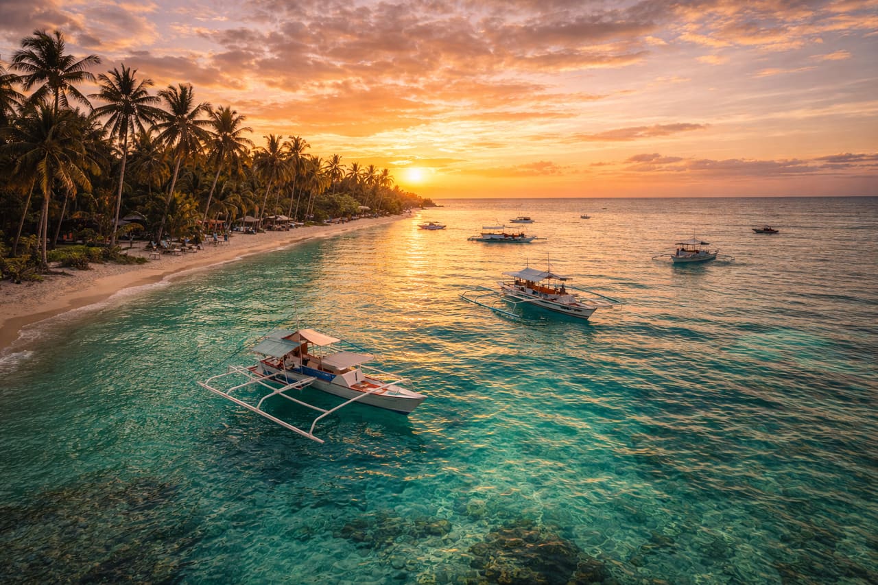 Spiaggia tropicale dell’isola di Malapascua con acqua trasparente e palme.