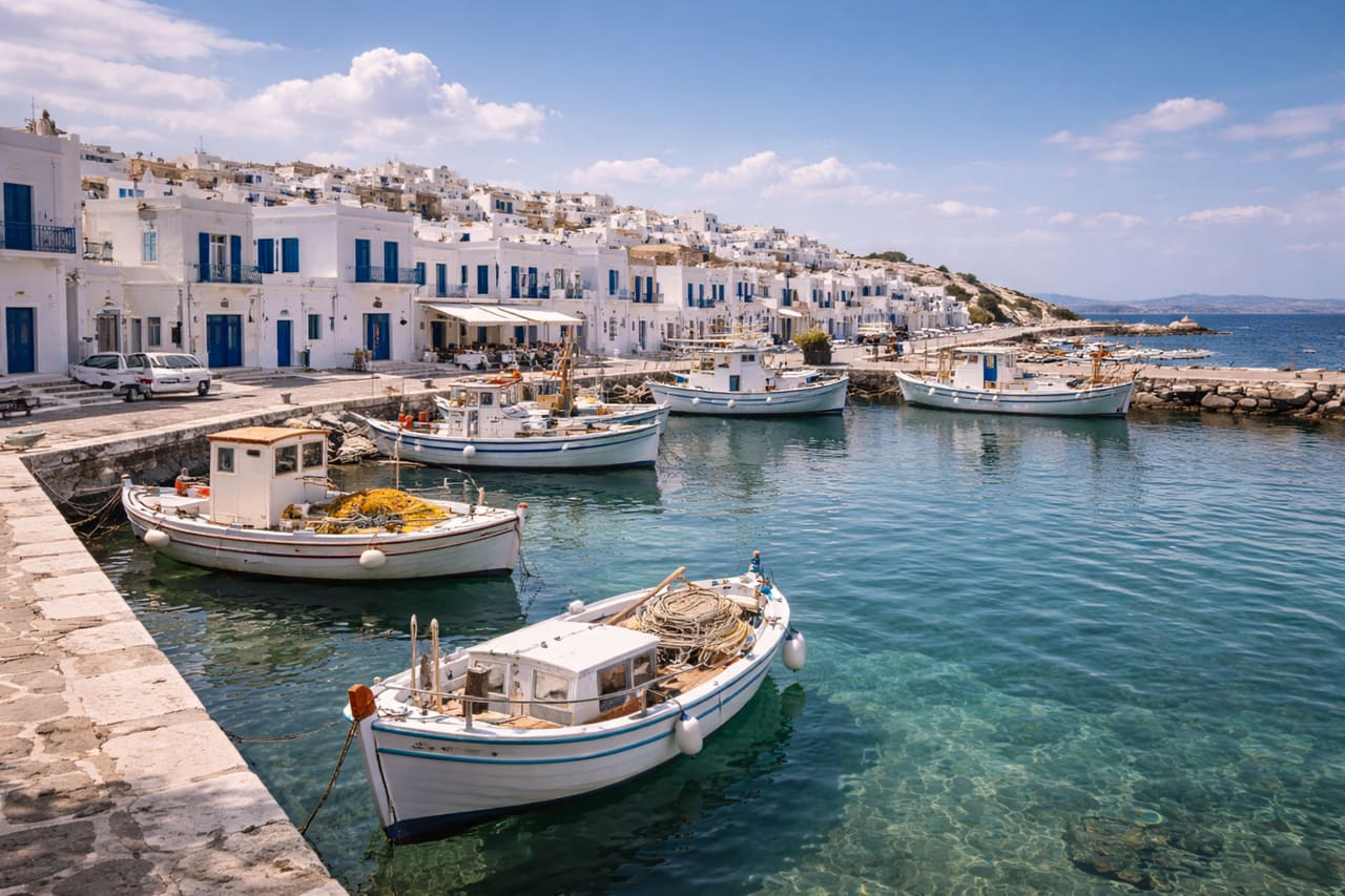 Porto di Paros con case bianche, persiane azzurre e barche da pesca