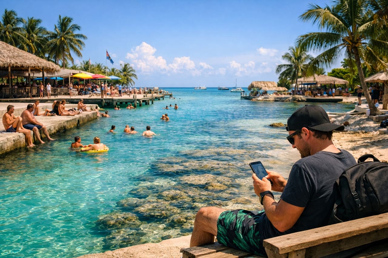 The Split a Caye Caulker con acqua turchese e persone che si rilassano