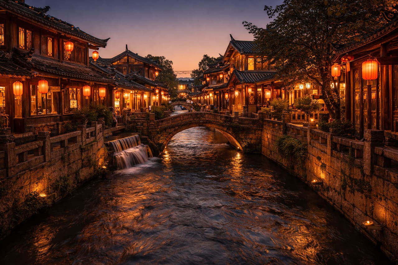 La città vecchia di Lijiang con canali e lanterne