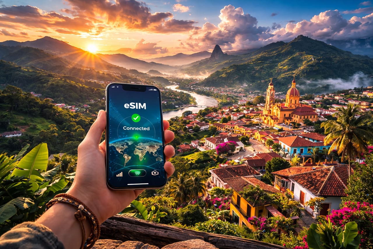 在哥倫比亞山區,旅人使用已啟用 eSIM 的手機上網