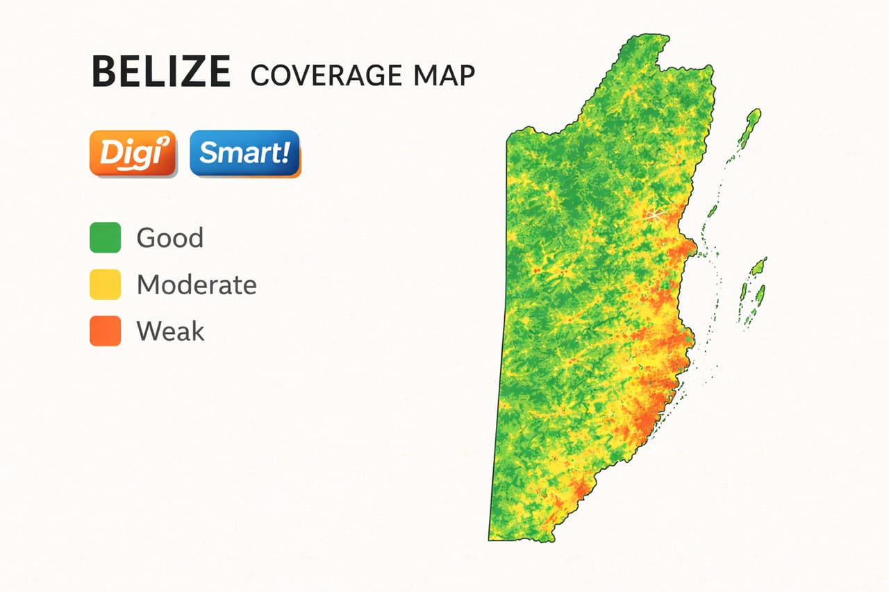Mappa minimale della copertura mobile in Belize con indicazione delle aree di qualità del segnale e degli operatori Digi e Smart