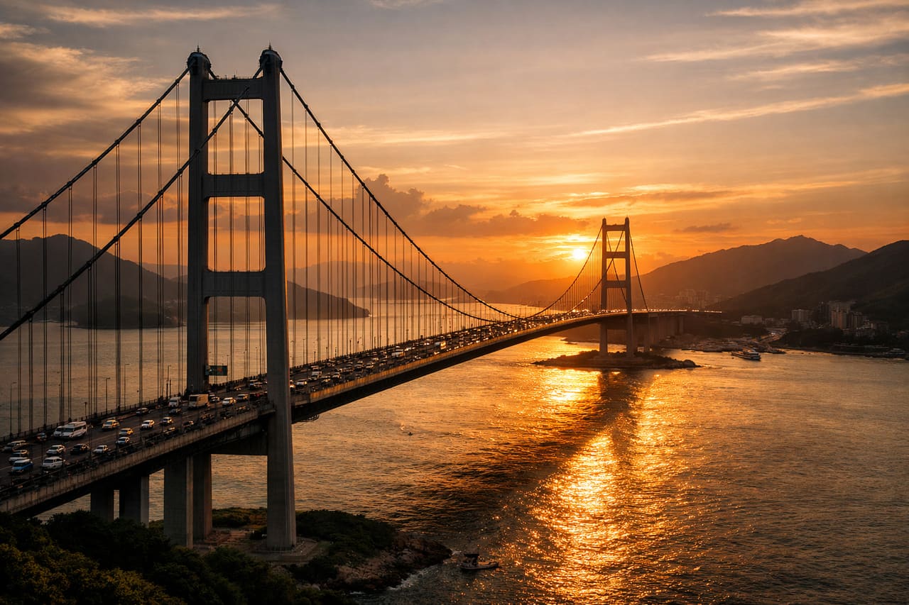 Il ponte sospeso Tsing Ma sopra lo stretto marino.