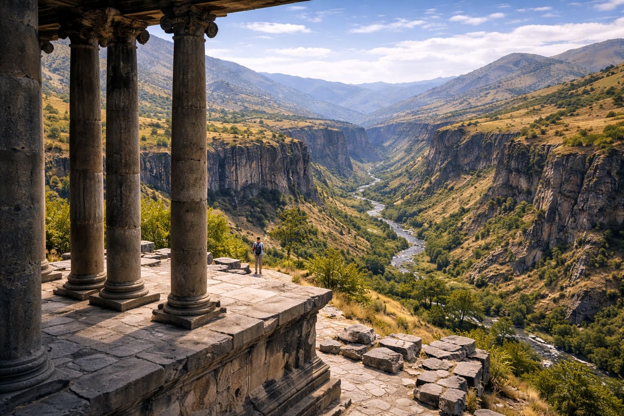 Tempio di Garni sul bordo della gola del fiume Azat con vista sulle rocce basaltiche e un viaggiatore che usa uno smartphone con eSIM per la navigazione