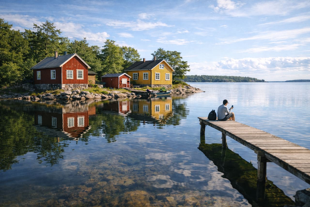 Tradizionali casette in legno sull’acqua nelle Isole Åland e viaggiatore con smartphone con eSIM