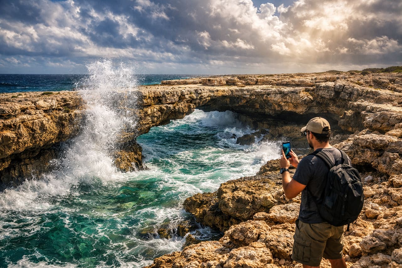 Devil’s Bridge ad Antigua – arco naturale di calcare e potenti onde oceaniche, un viaggiatore condivide la vista online tramite eSIM