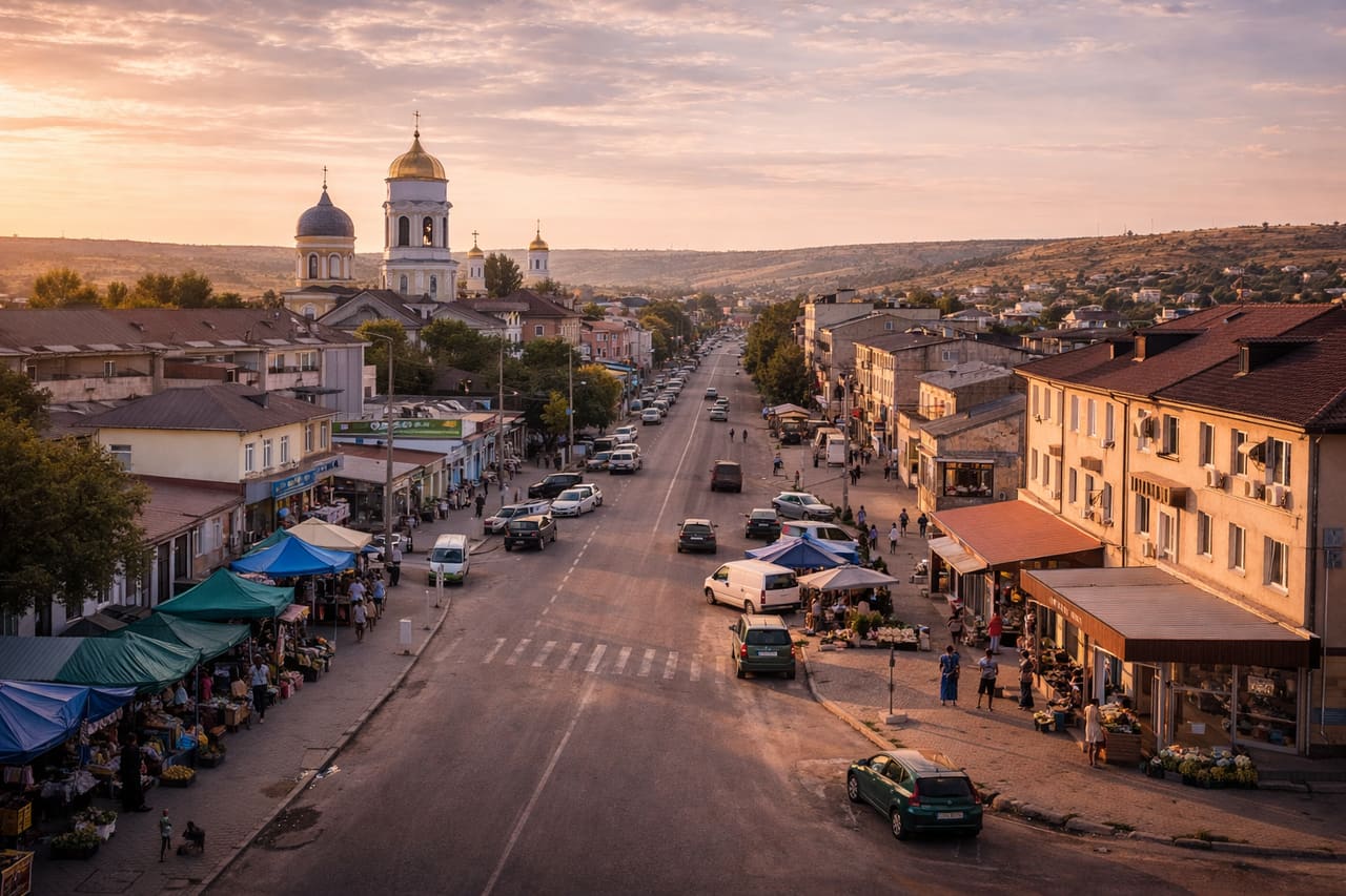 Город Комрат в Молдове с широкими улицами, городской застройкой, южным светом и атмосферой регионального центра.