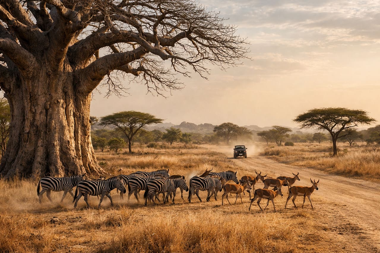 Savana della Riserva di Bandia con baobab e branchi di zebre.