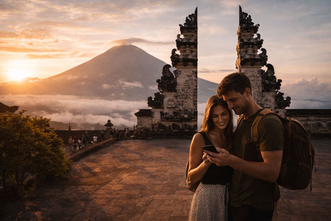 Porte di Lempuyang con turisti che guardano le foto sul telefono