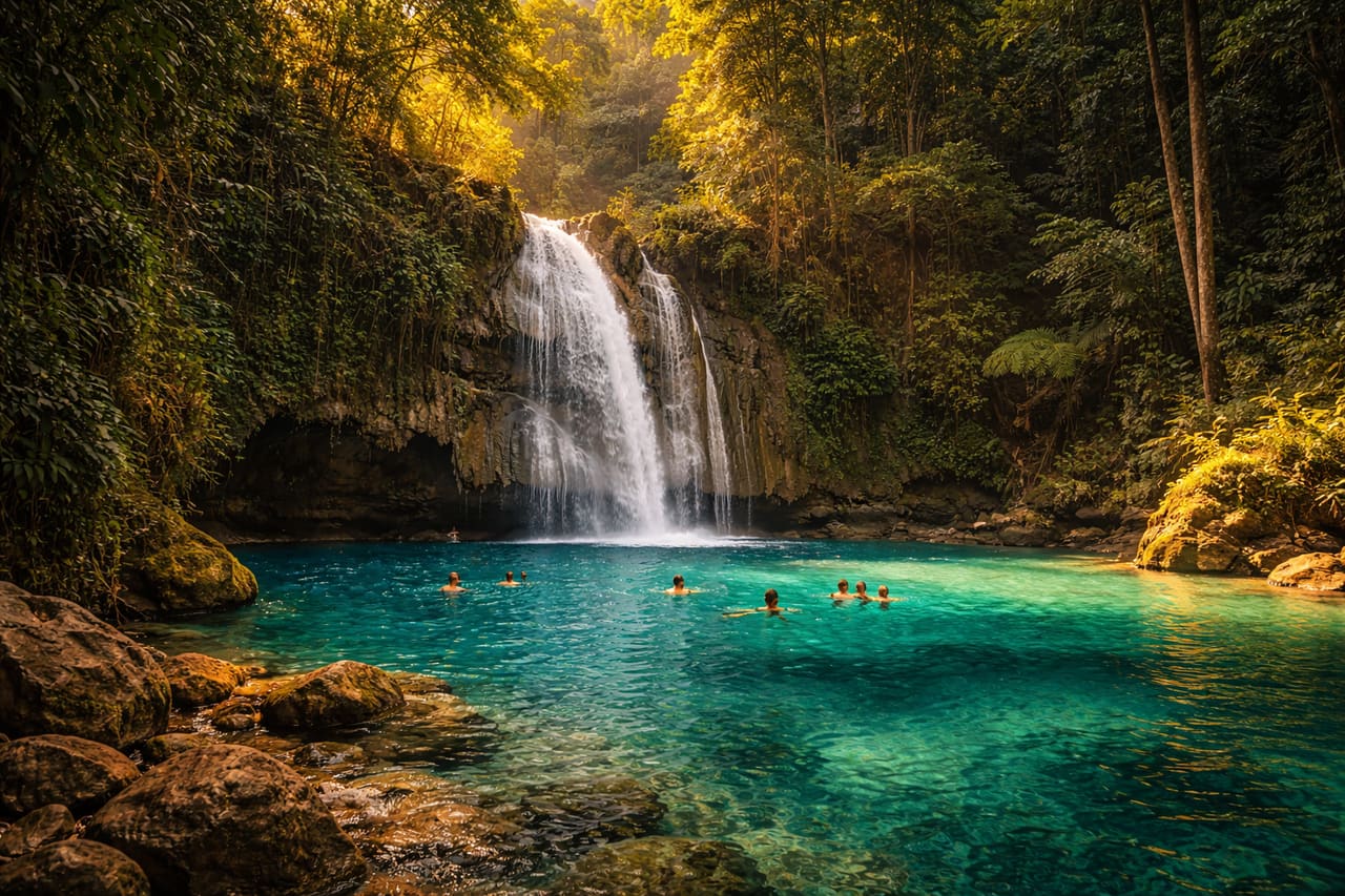 Cascate turchesi di Kawasan tra la giungla dell’isola di Cebu.
