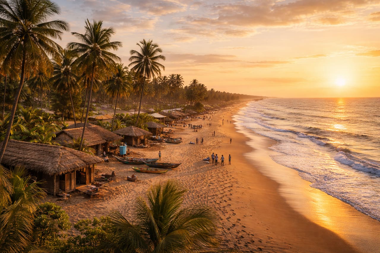 Grand-Popo i Benin med lang sandstrand, palmer, havbølger og den varme stemning ved Atlanterhavskysten
