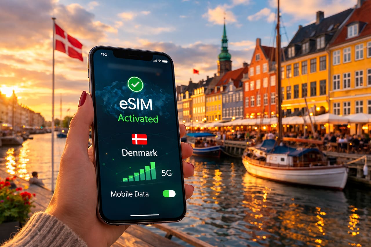 Smartphone con eSIM attiva sullo sfondo del lungomare di Nyhavn a Copenaghen