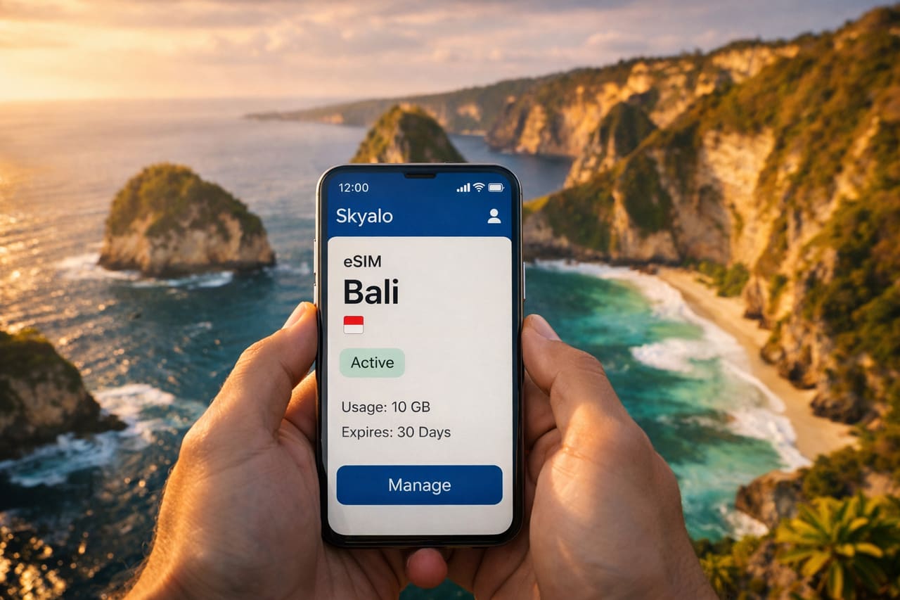 Smartphone con eSIM attiva sullo sfondo della costa di Bali al tramonto, sullo schermo si vede Bali e eSIM Active