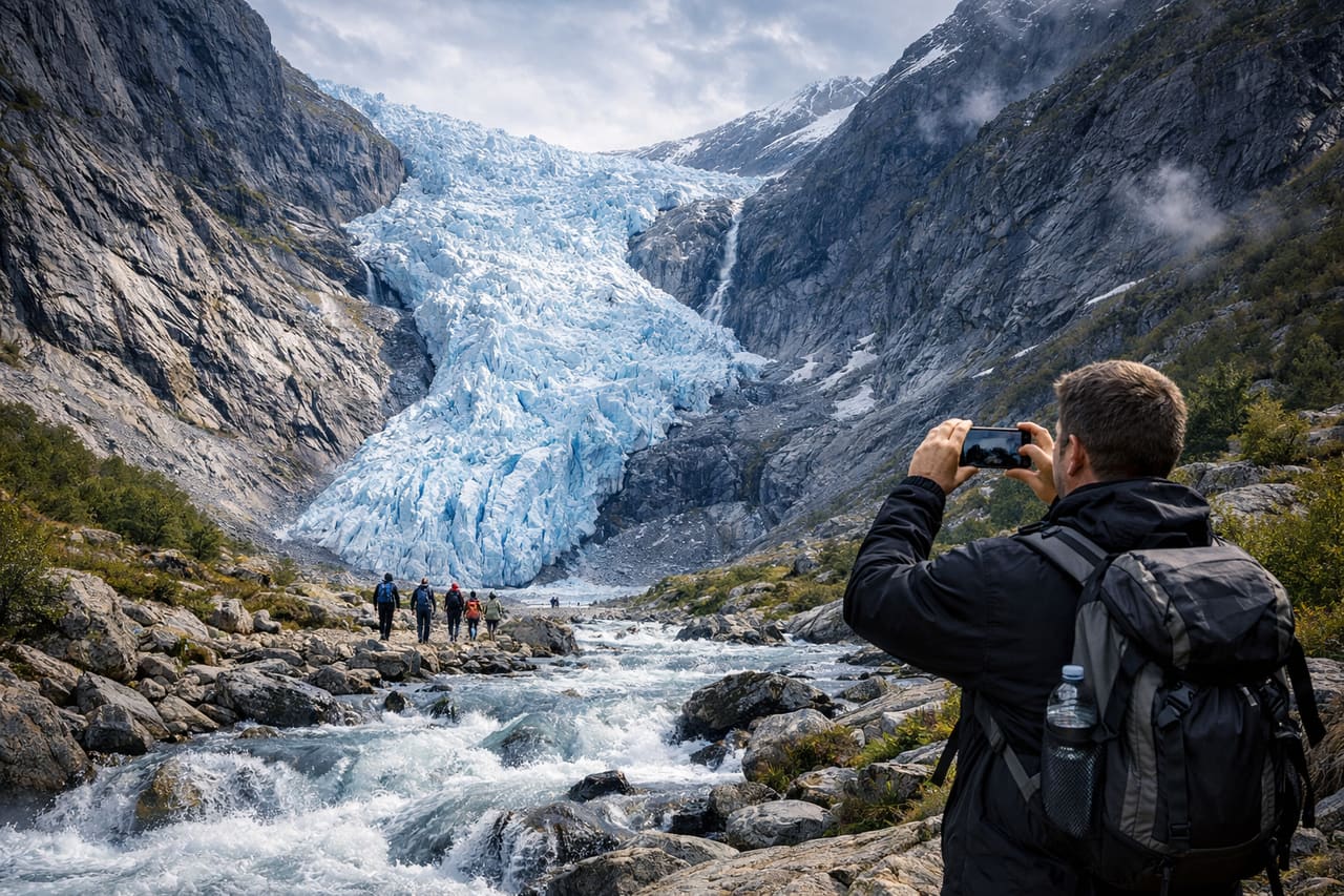 Ghiacciaio Briksdal in Norvegia – lingua di ghiaccio in una valle di montagna