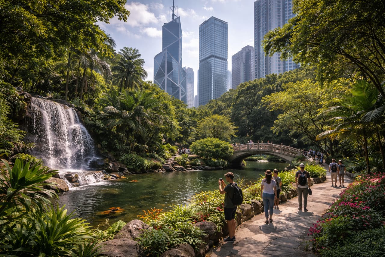Il parco tropicale di Hong Kong tra i grattacieli della città.