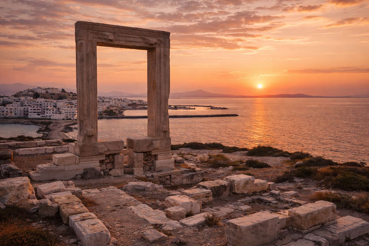 Portara sull’isola di Naxos sullo sfondo del mare