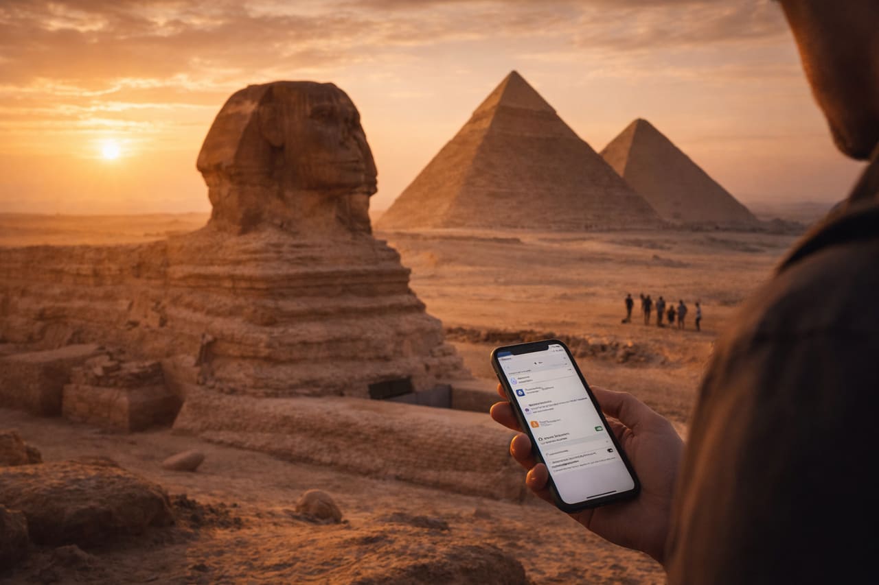 La Grande Sfinge e le Piramidi di Giza al tramonto, turisti esplorano gli antichi monumenti dell’Egitto con internet mobile eSIM