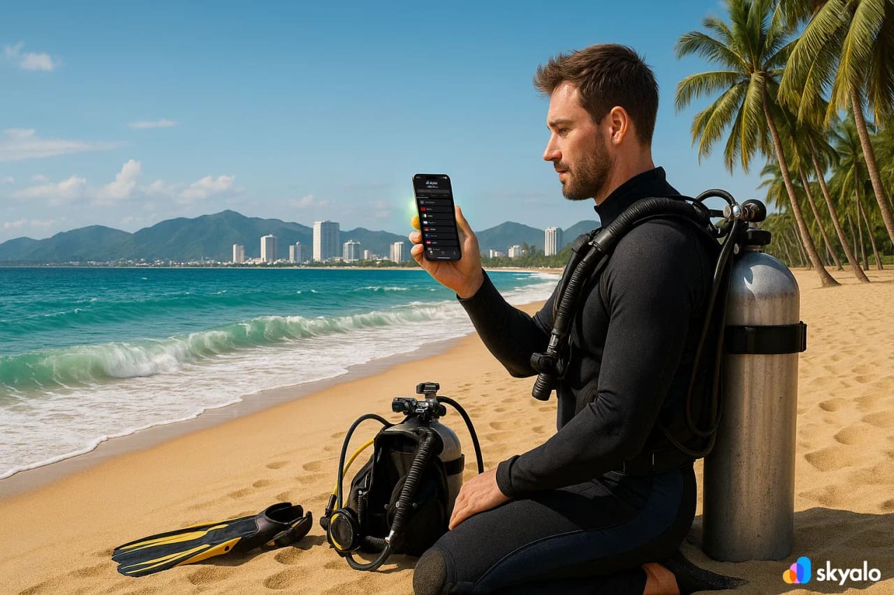 Spiaggia di Nha Trang, sub con eSIM che condivide scatti sott’acqua in tempo reale