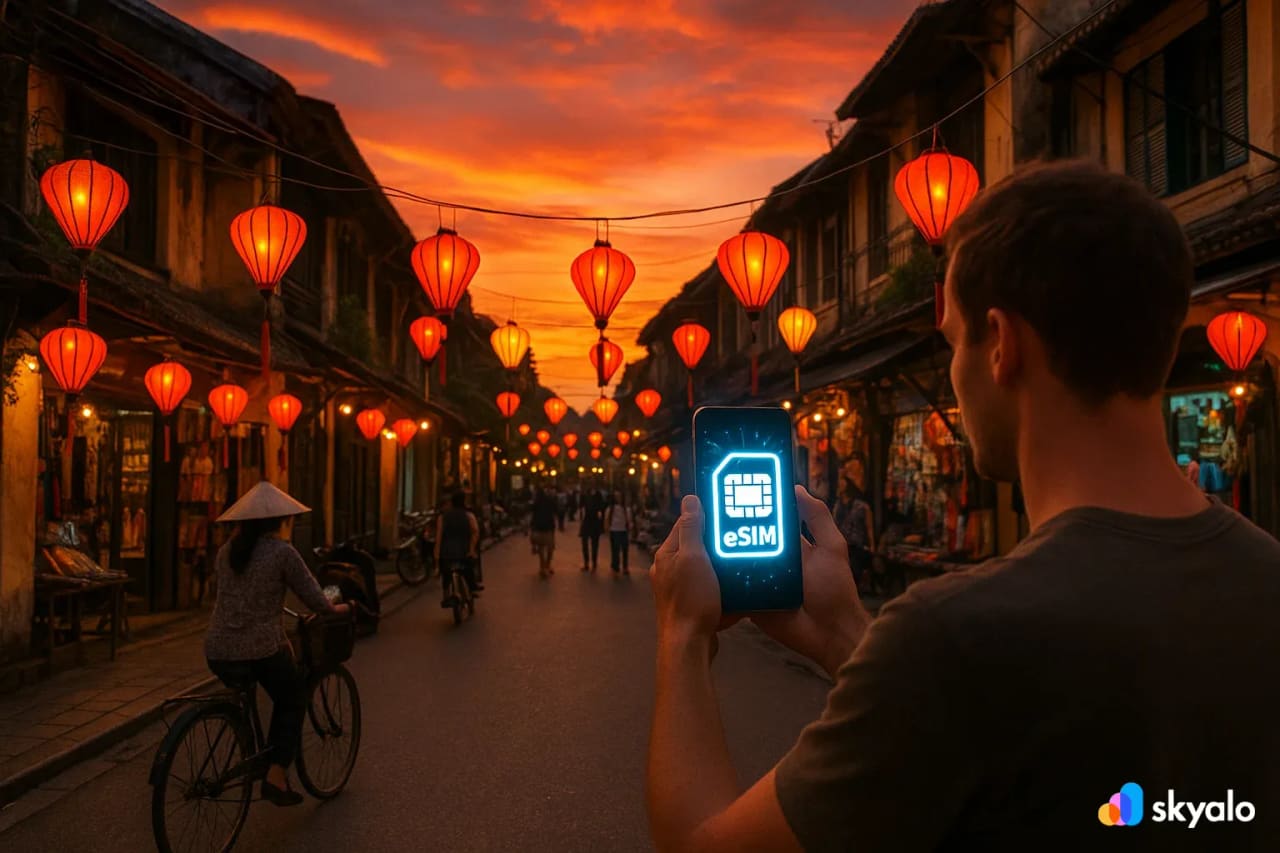 Quartiere Vecchio di Hanoi con il lago Hoan Kiem e l’architettura coloniale francese, viaggiatore che usa la eSIM per condividere foto mozzafiato e restare connesso senza roaming.