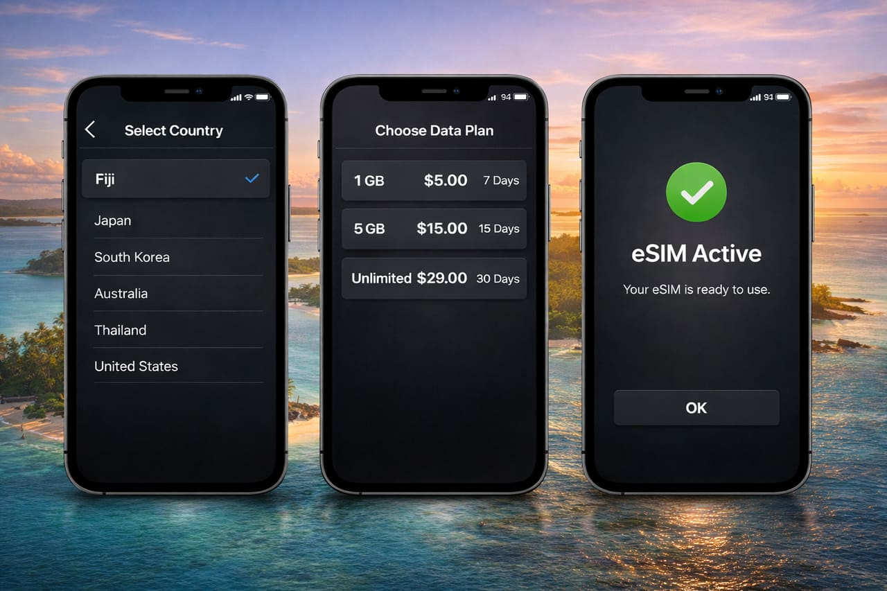 Три смартфона с интерфейсом eSIM на фоне тропических островов Фиджи с бирюзовым океаном и закатом