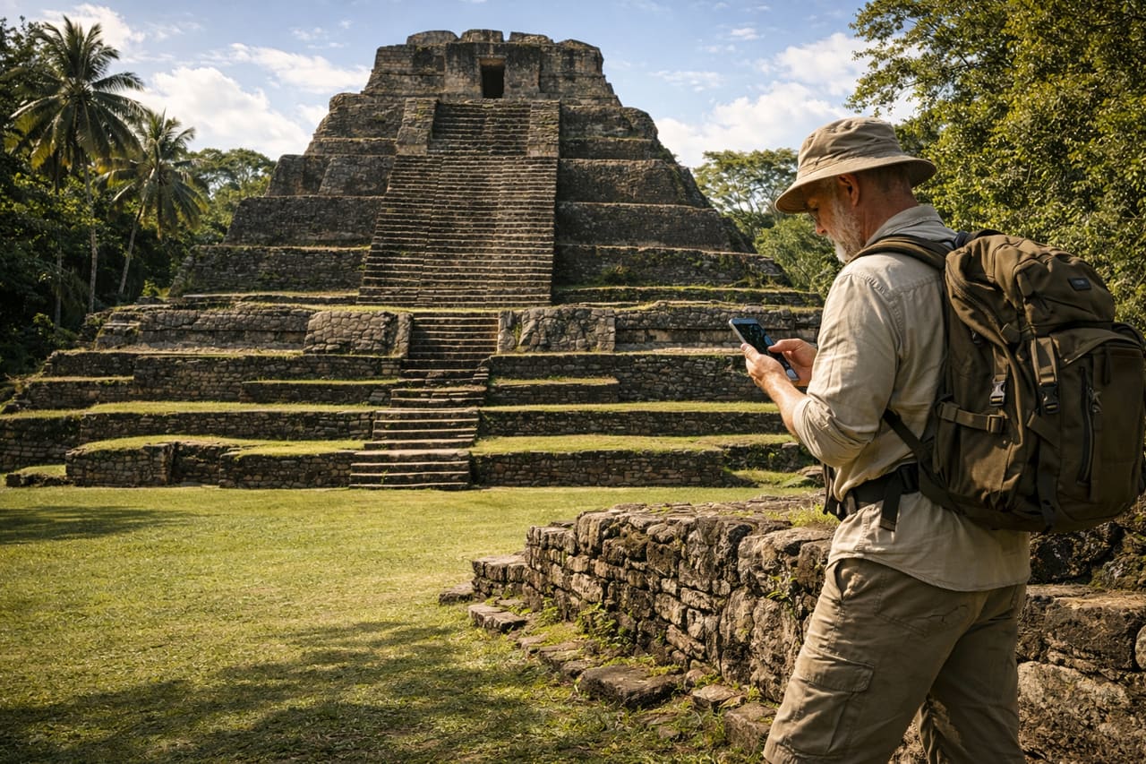 La piramide di Altun Ha e un turista che guarda le informazioni sul telefono