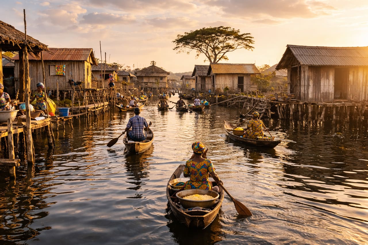 Ganvié i Benin med huse på pæle, smalle vandveje, både og den levende atmosfære i en landsby på vandet