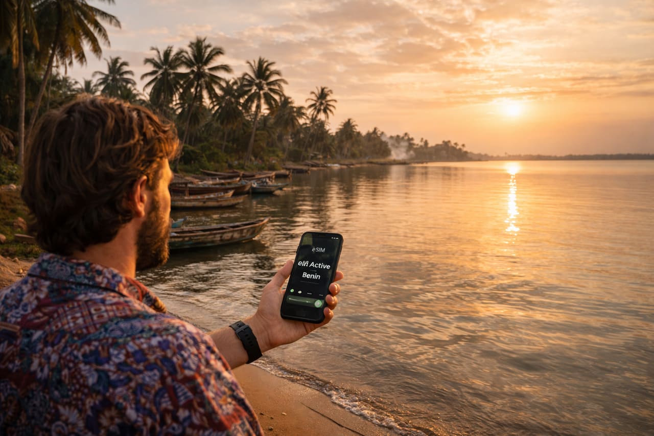 Søen Ahémé i Benin med palmer, roligt vand, både og en rejsende med smartphone med aktiv eSIM ved bredden