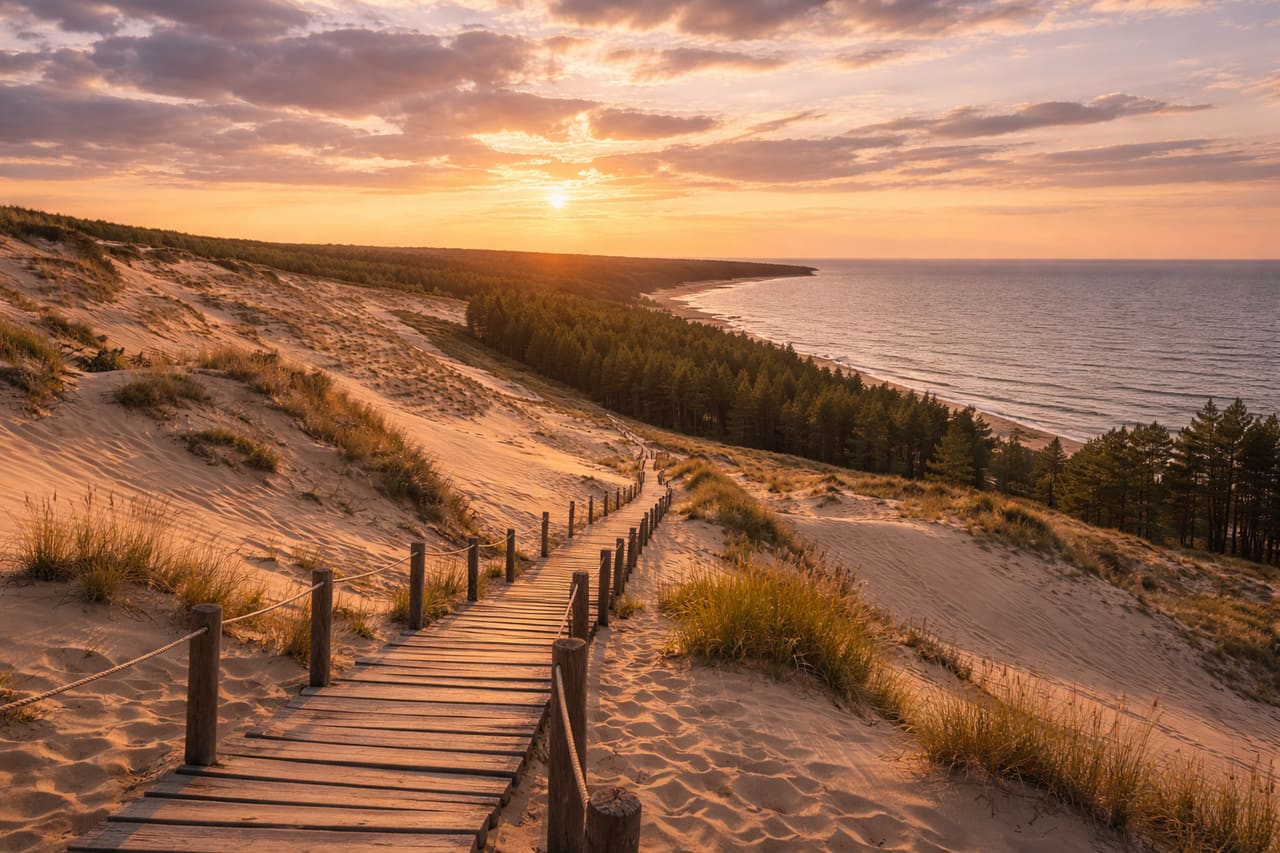 Dune sabbiose della Penisola di Curlandia sulla costa del Mar Baltico con pinete e vista panoramica sul mare