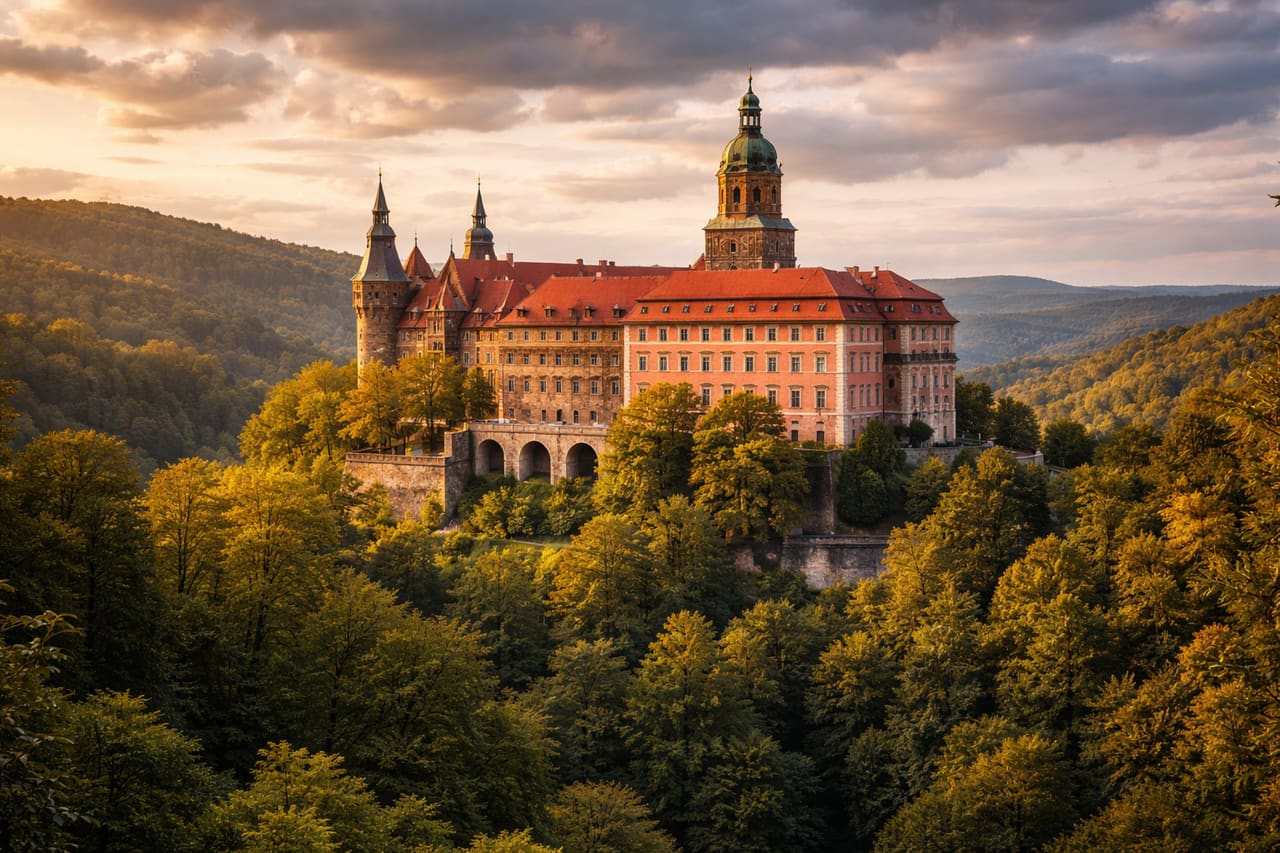 Castello di Książ su una collina tra le foreste della Bassa Slesia in Polonia