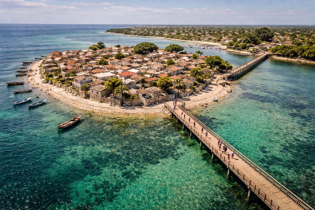 Isola di Fadiouth con strade di conchiglie e ponte di legno.