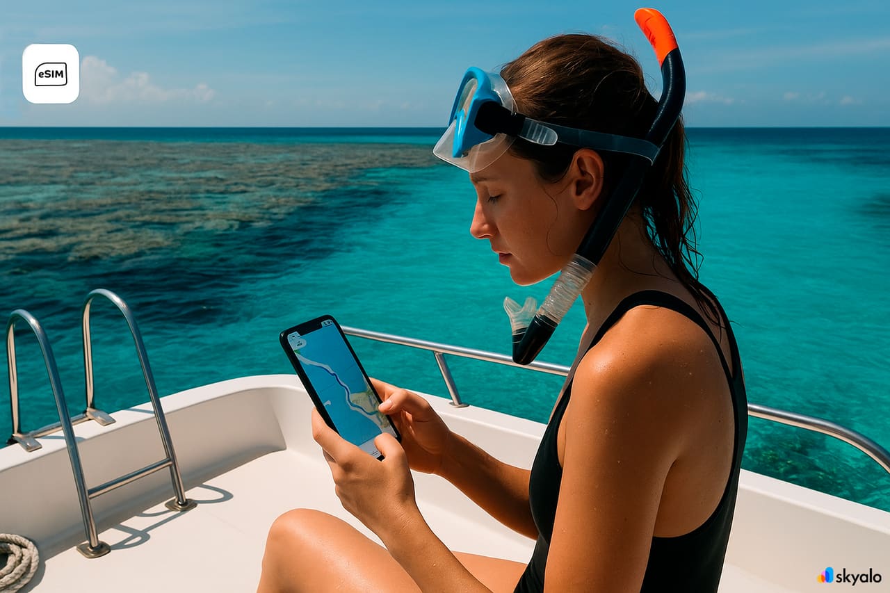 On a boat at the Great Barrier Reef; online even offshore with Skyalo eSIM, azure water and corals all around