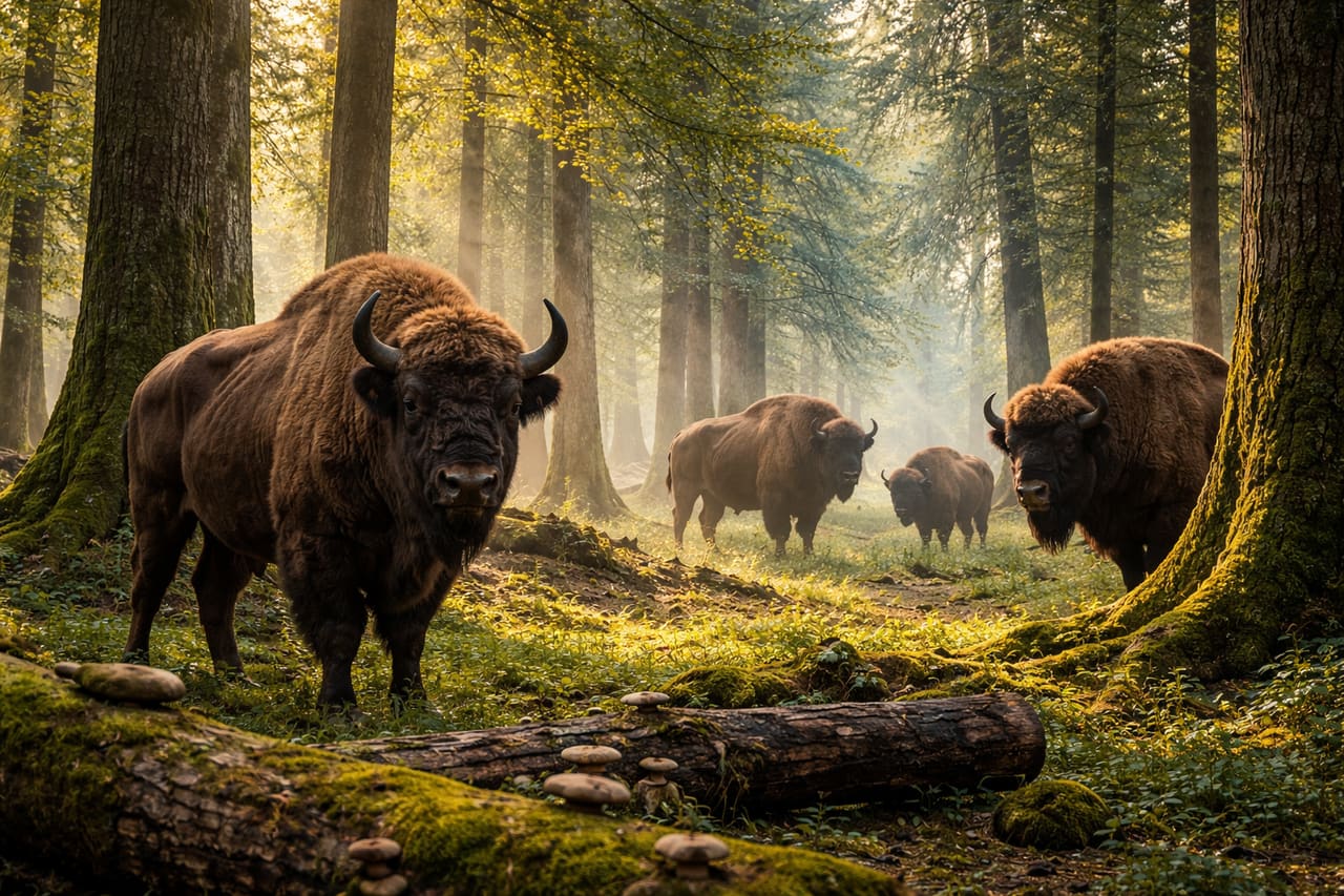 Foresta di Białowieża e un bisonte nel suo habitat naturale