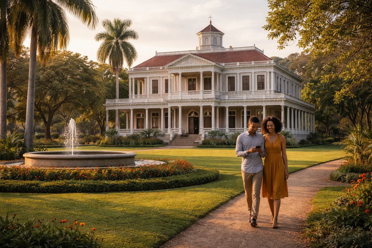 Edificio storico Devon House a Kingston: una coppia sullo sfondo usa il telefono