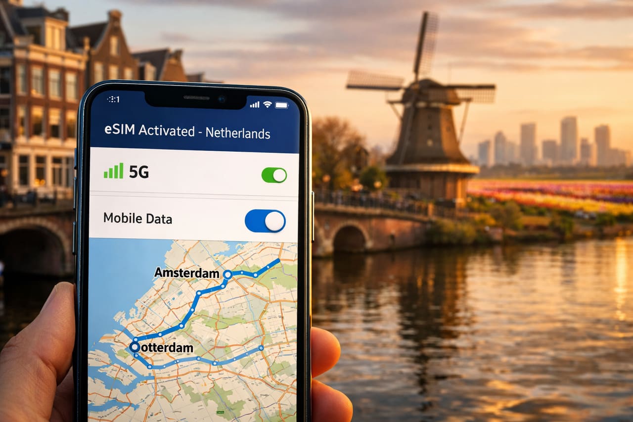 Uno smartphone con eSIM per i Paesi Bassi attivata sullo sfondo dei canali di Amsterdam, di un mulino a vento e dello skyline moderno di Rotterdam