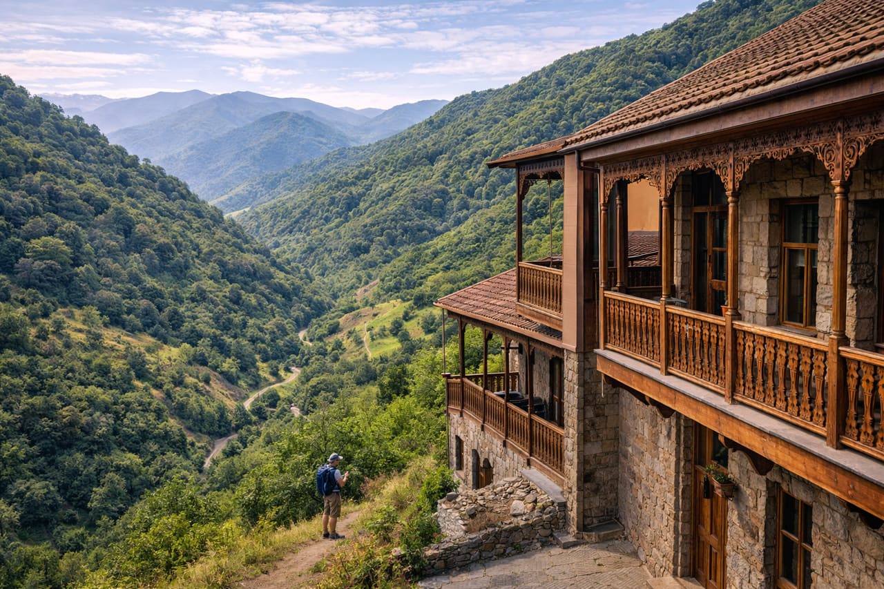 Località montana di Dilijan tra le foreste con un turista che usa uno smartphone con eSIM per la navigazione