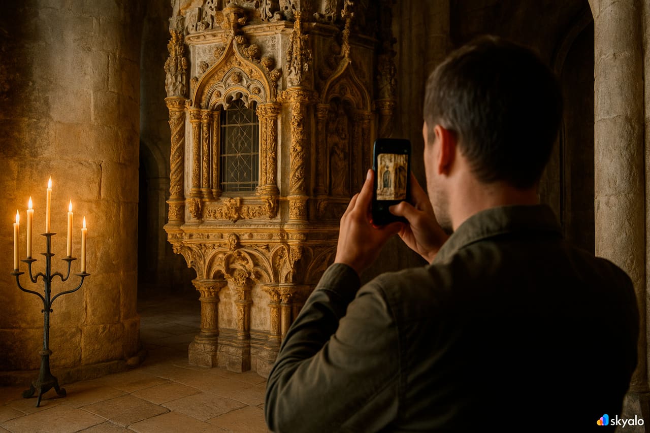 Turista che fotografa la Charola nel Convento de Cristo di Tomar; ombre calde e capitelli scolpiti