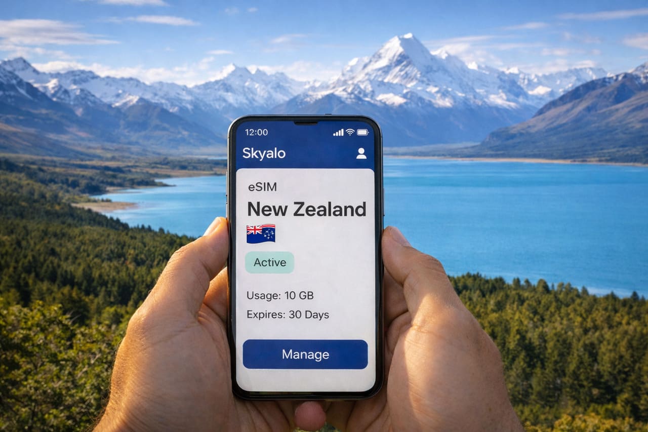 Смартфон с eSIM Skyalo для Новой Зеландии на фоне гор, озера и живописной природы, статус активен