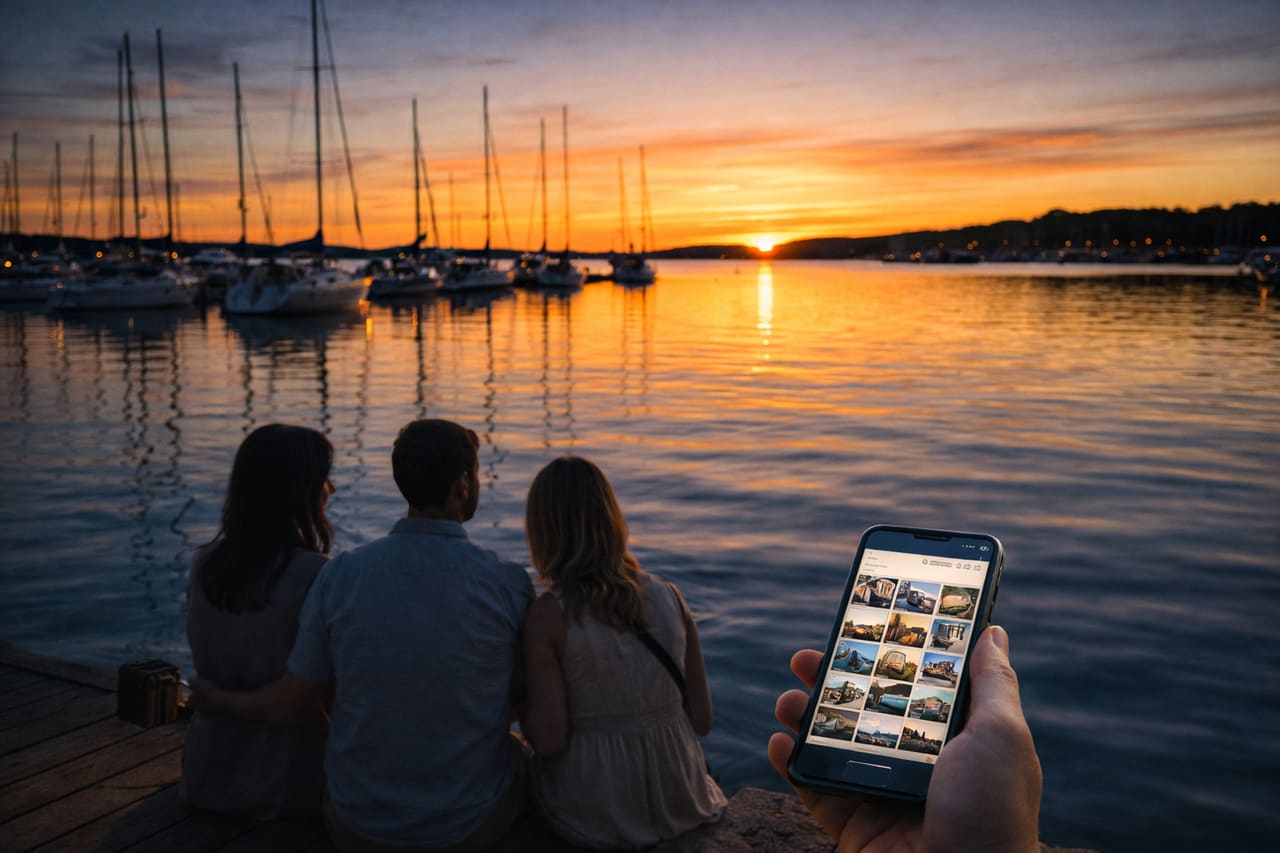 Tramonto al Porto Ovest di Mariehamn con yacht e turisti che usano uno smartphone con eSIM