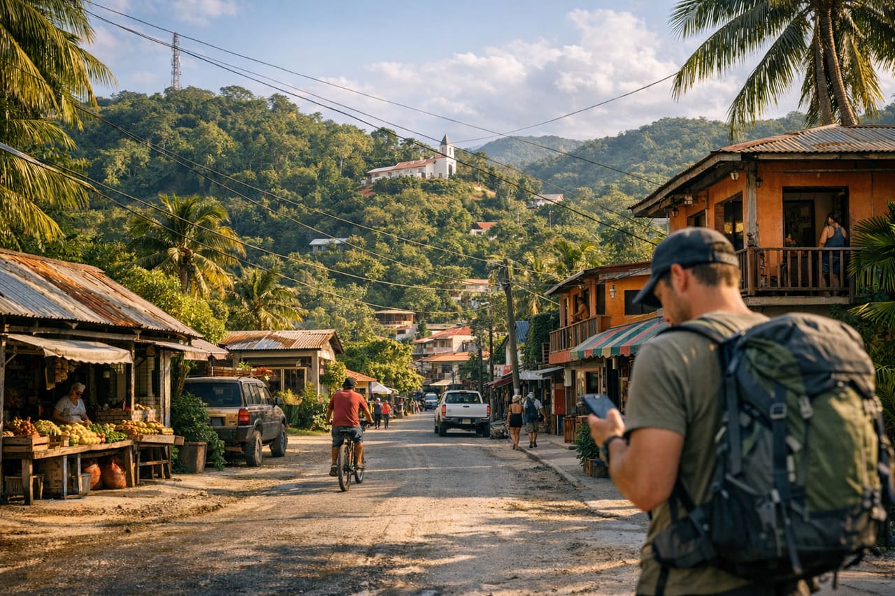 San Ignacio immersa nella giungla, un viaggiatore con lo zaino guarda l’itinerario sul telefono