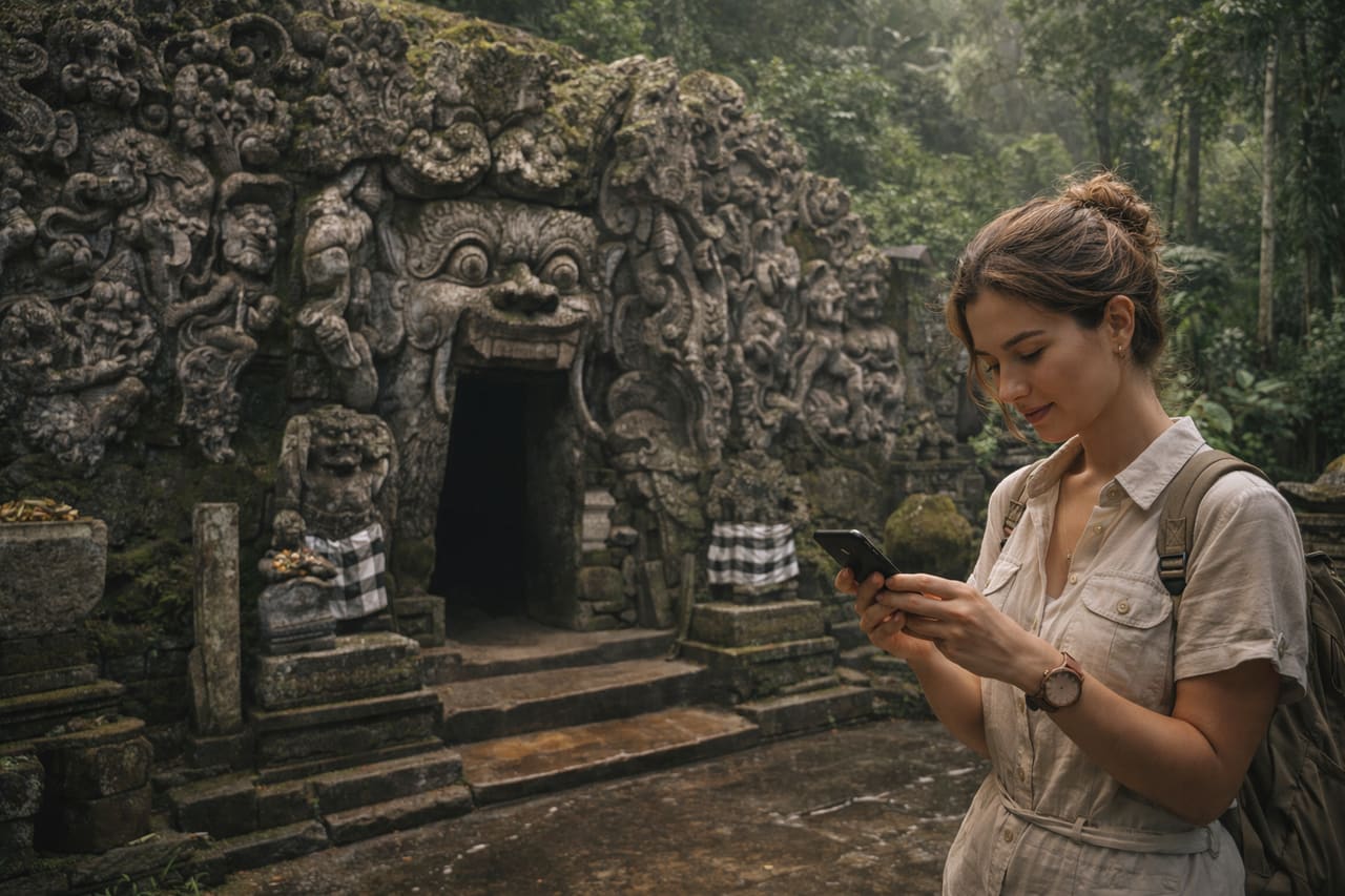 Grotta dell’Elefante Goa Gajah e una turista con smartphone