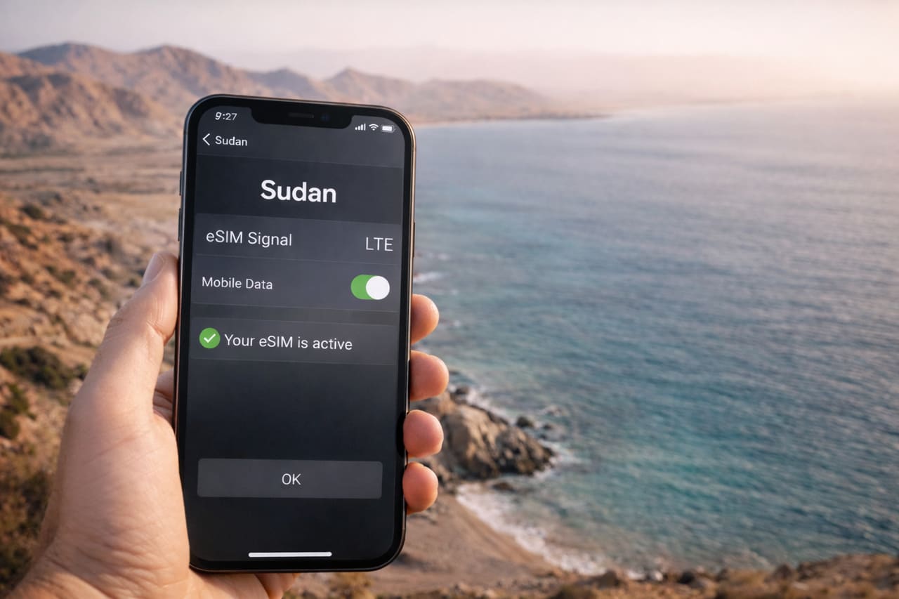 Смартфон с активной eSIM и работающим мобильным интернетом на фоне побережья Красного моря и пустынных холмов Судана.