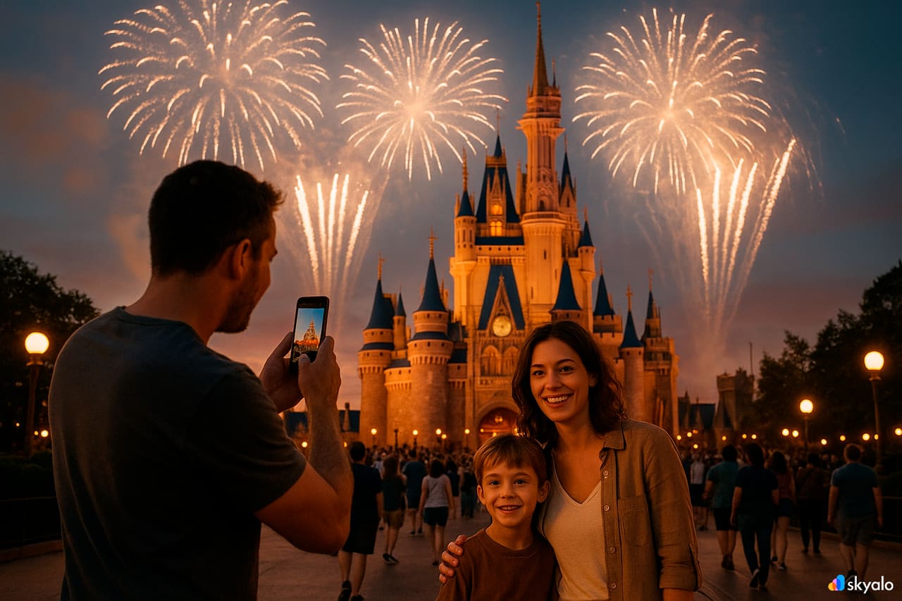 Disneyland castle in Paris with family taking photos