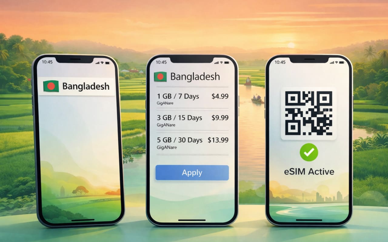 Три смартфона с eSIM для Бангладеш на фоне рисовых полей и реки с лодками на закате