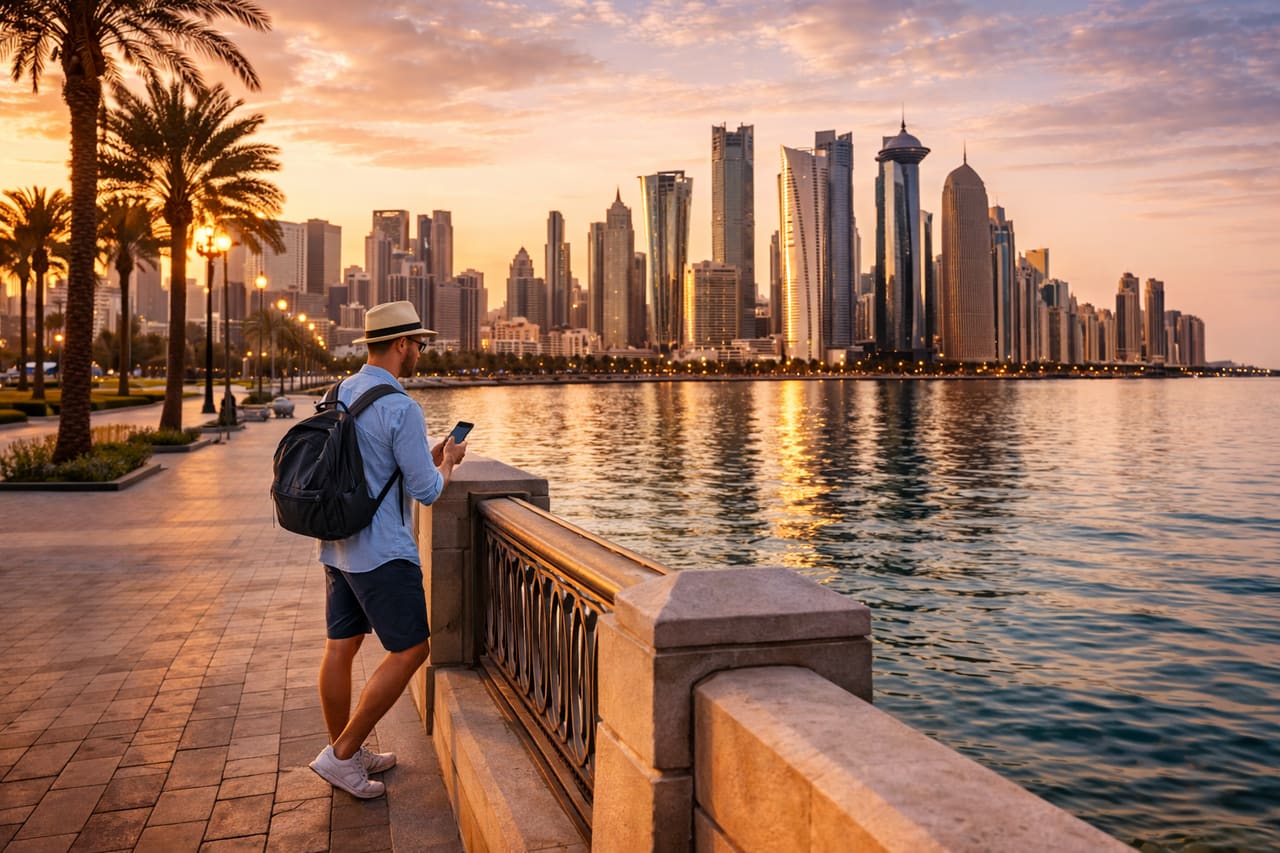 Набережная Корниш в Дохе с видом на современный skyline, спокойную воду залива, пальмы и путешественника со смартфоном, использующего eSIM во время прогулки по городу