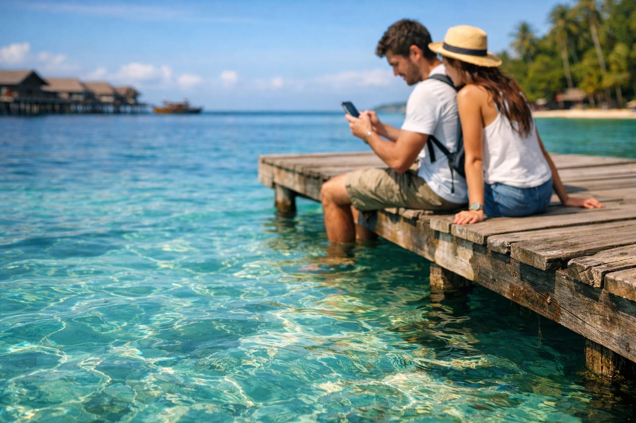 Isole Derawan e turisti con lo smartphone