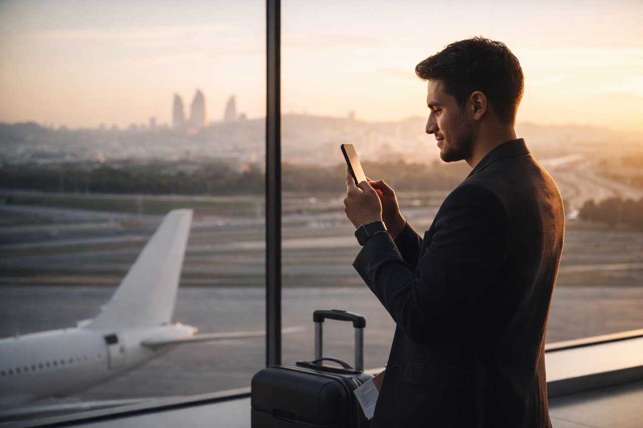 Un giovane viaggiatore all’aeroporto di Baku all’alba è davanti a una finestra panoramica con vista sulla pista e sul profilo delle Flame Towers; tiene in mano lo smartphone, lo schermo illumina delicatamente il viso; accanto, un trolley minimalista e la carta d’imbarco.