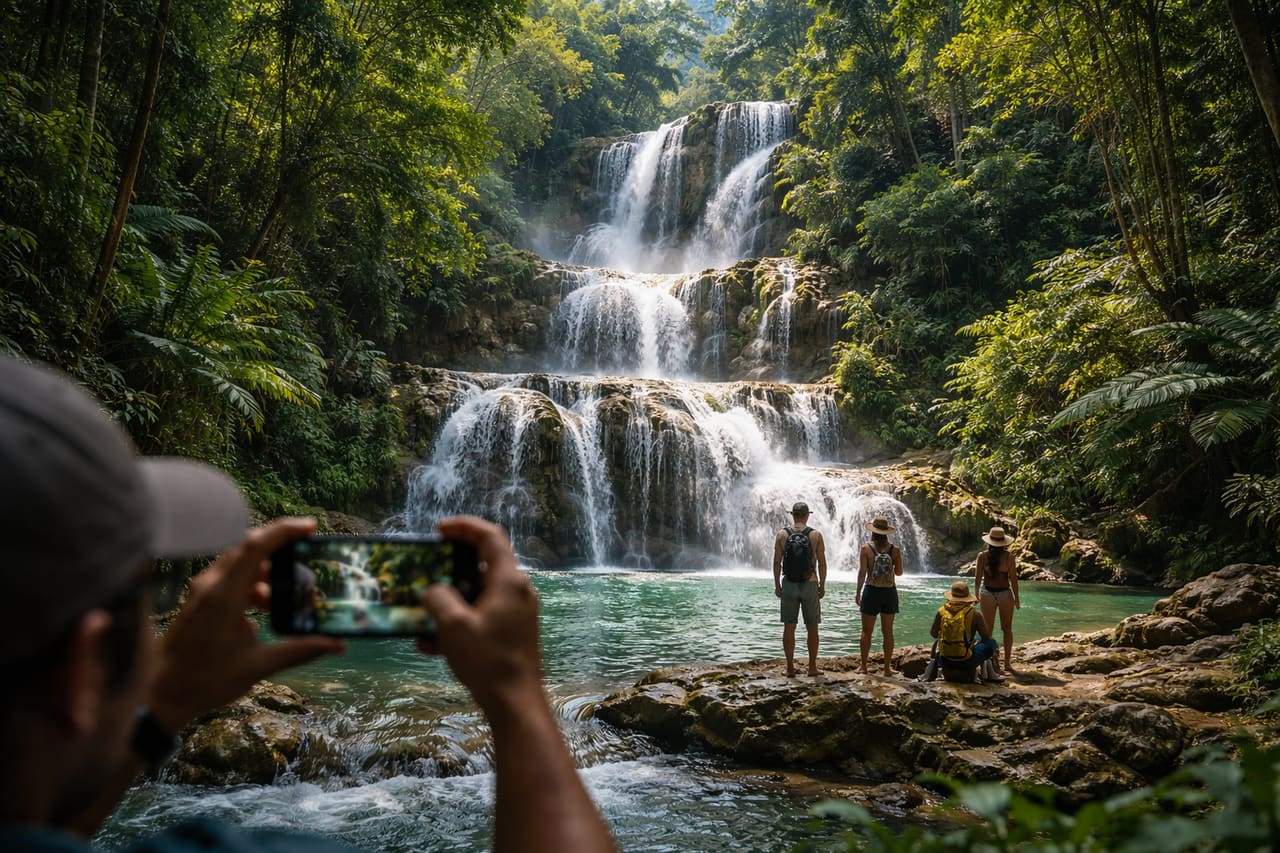 Cascata a più livelli YS Falls: turisti a metà scena fotografano con gli smartphone