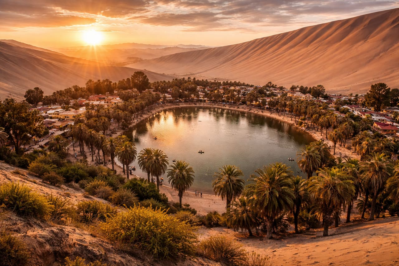 Huacachina - oasis terkenal Peru, tempat wisatawan naik buggy di bukit pasir