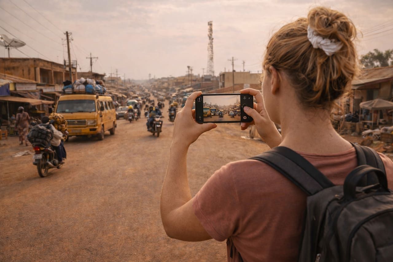 Kandi i Benin med veje, lokal bebyggelse, et tørt nordligt landskab og en rejsende med smartphone med aktiv eSIM